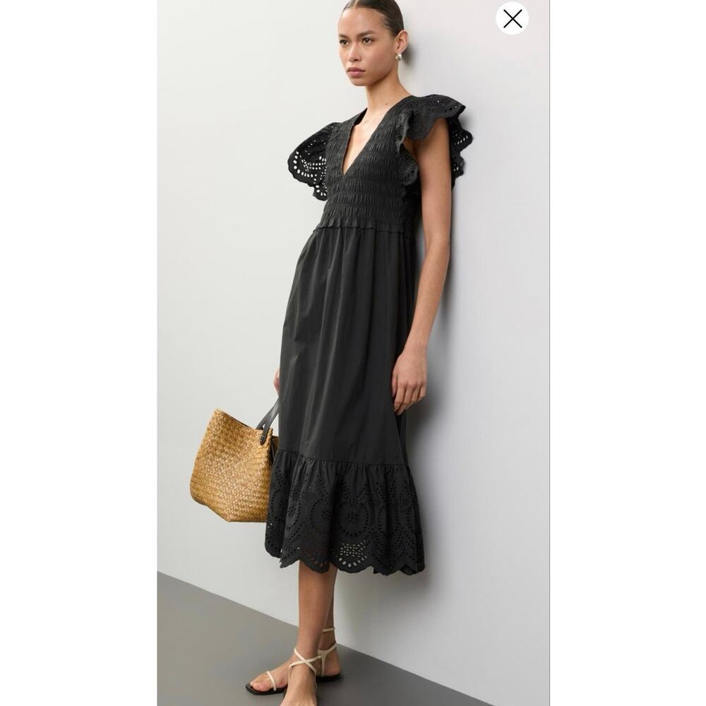 RAILS Black V-Neck Short Sleeve Lace Trim Clementine Eyelet Midi Dress Size S